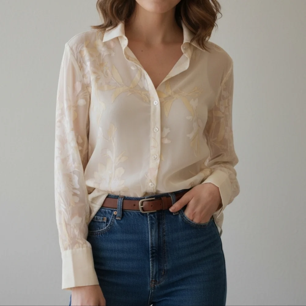 Autres Filles Cream Floral Burnout Button-up Blouse Whimsigoth - Picture 1 of 15